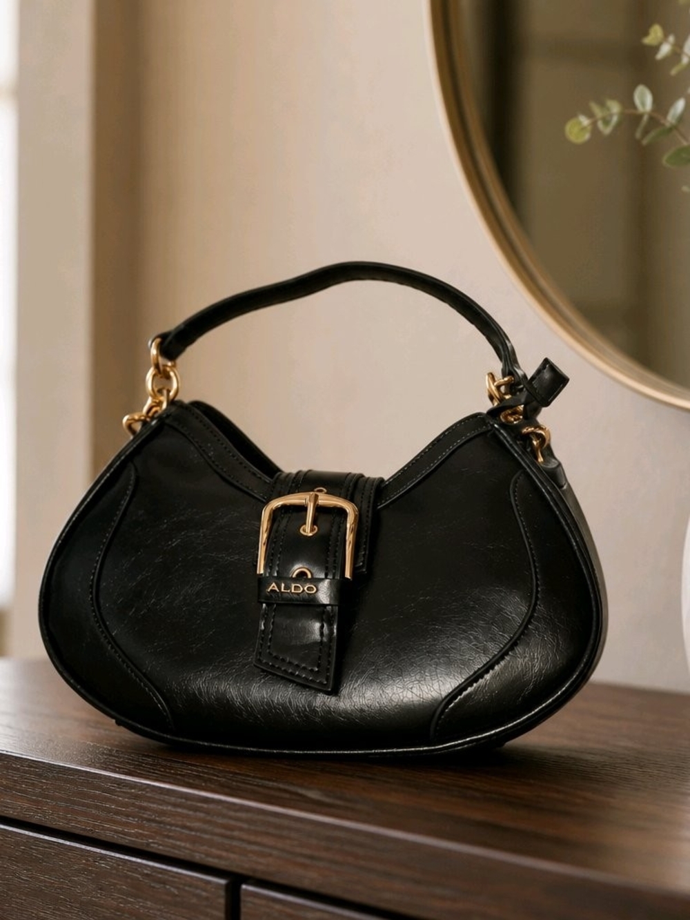 ALDO Black Leather Hobo Bag with Gold Buckle